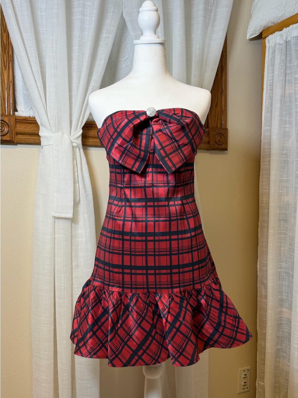 Strapless Red Plaid Bow Mini Dress